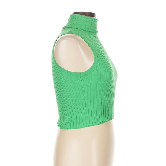 Ribbed turtleneck knit high neck tank top sleeveless mock sweater green stretch - Picture 5 of 8
